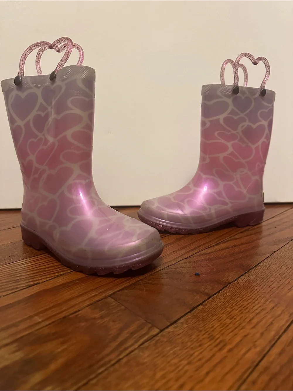 Kids' Pink Heart Waterproof Rain Boots with Glitter Pull Handles